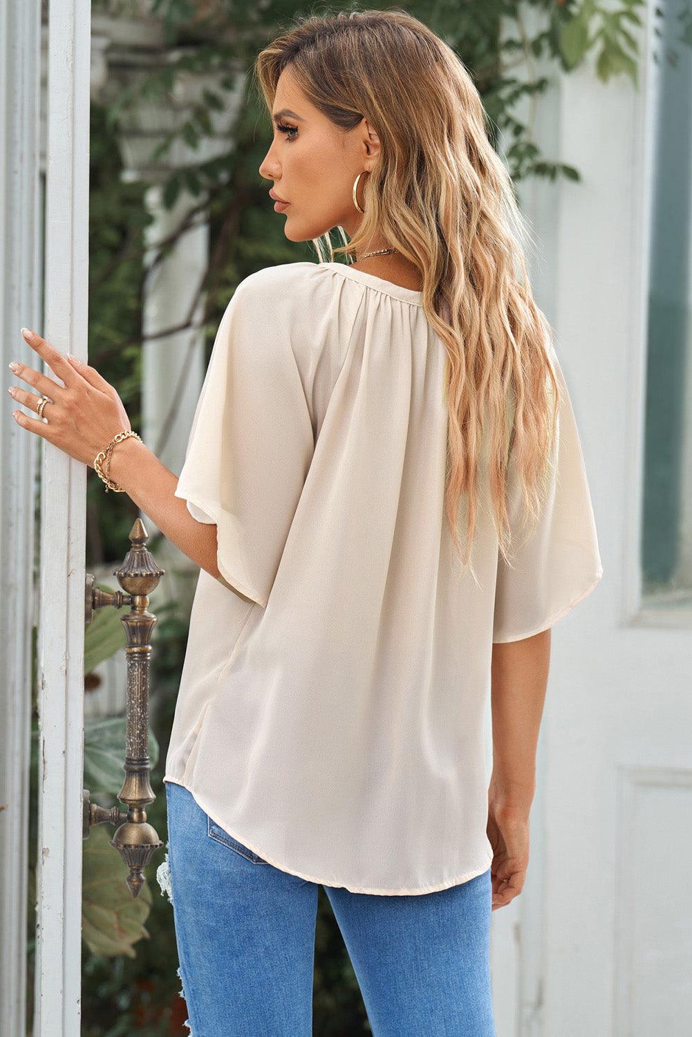 Gathered Detail Notched Neck Flutter Sleeve Blouse - Blouse