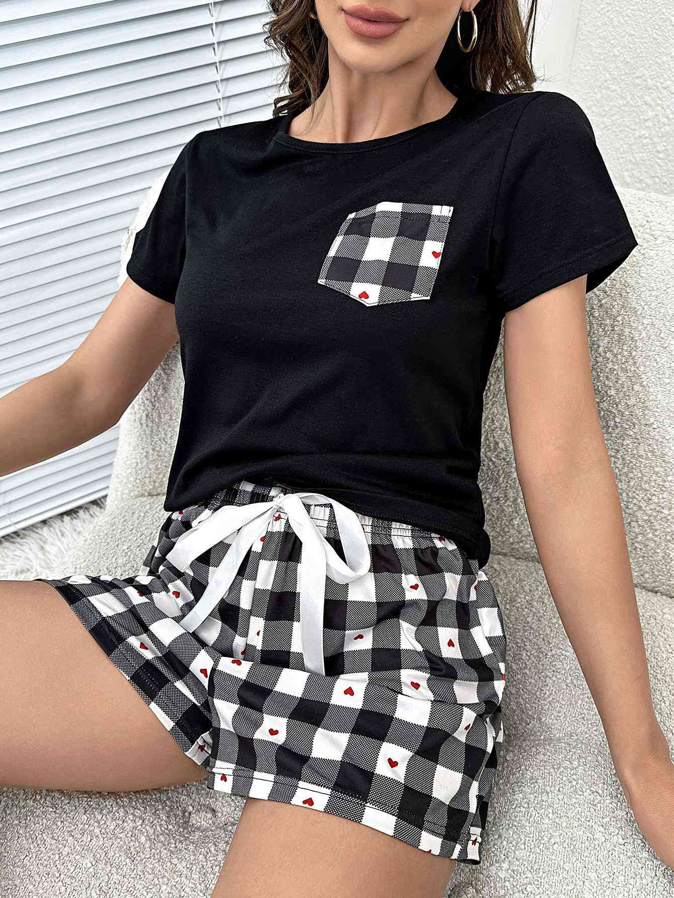 Plaid Heart Top and Shorts Lounge Set Pajamas