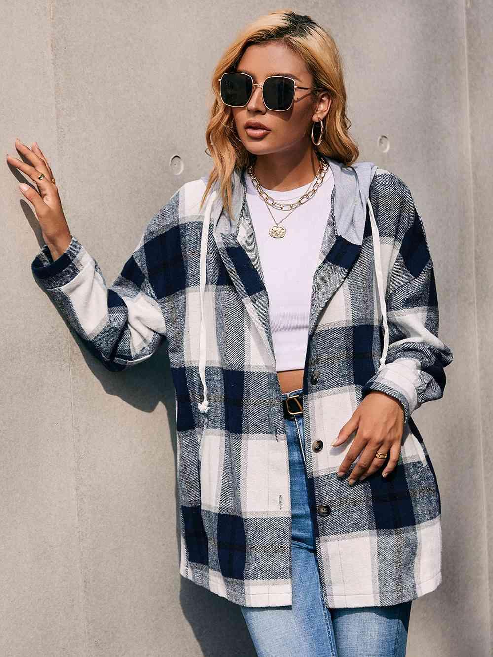 Plaid Dropped Shoulder Hooded Shacket - Jacket