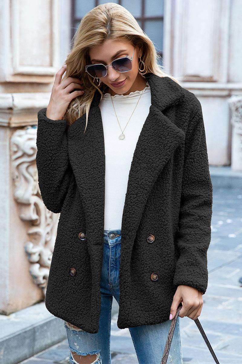 Full Size Lapel Collar Sherpa Coat - Coat