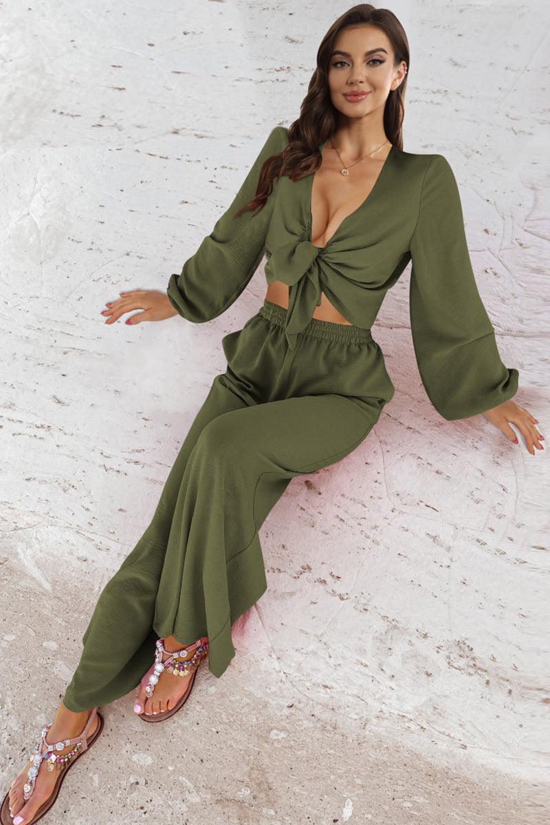 Cutout Long Sleeve Top and Wide Leg Pants Set - Pant & Top