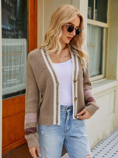 Contrast Button Up Dropped Shoulder Cardigan - Cardigan