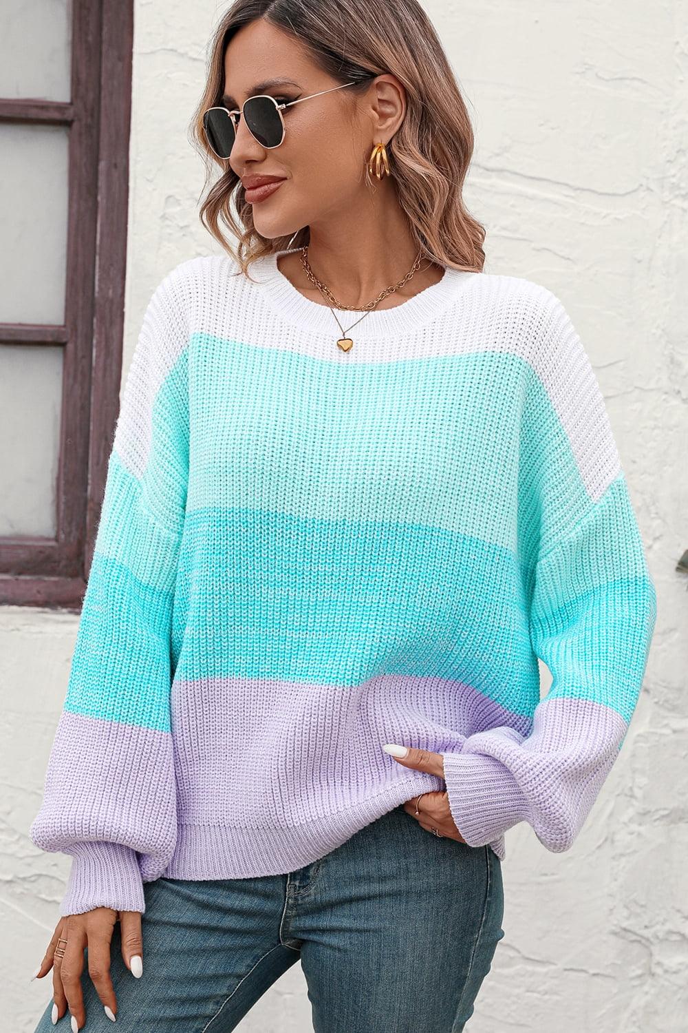 Round Neck Color Block Ribbed Knit Sweater - Sweater