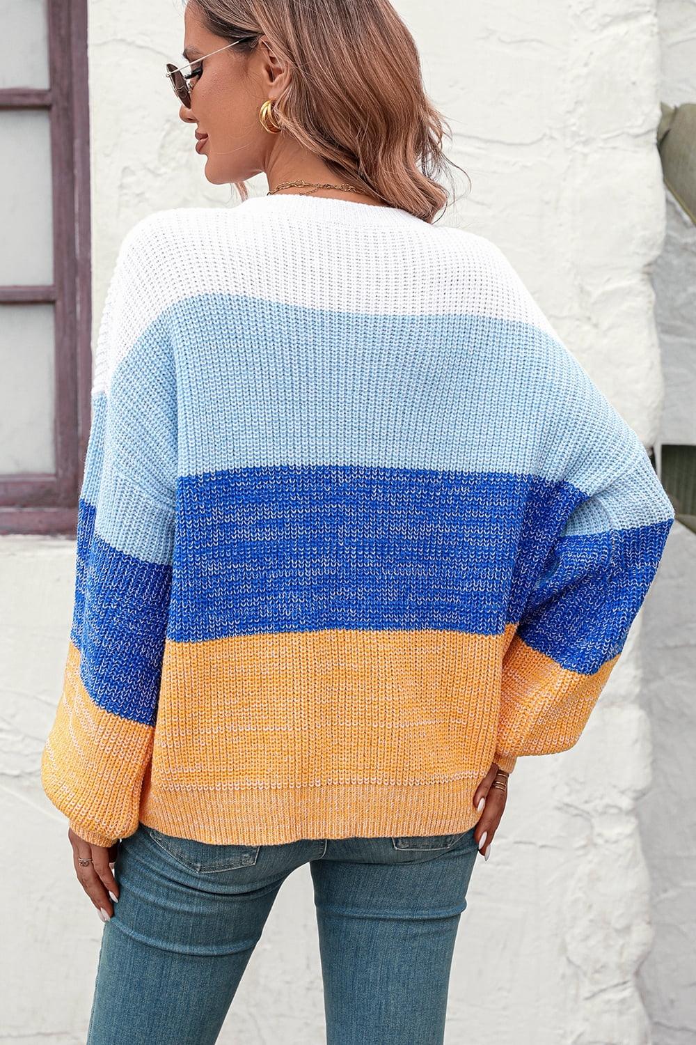 Round Neck Color Block Ribbed Knit Sweater - Sweater