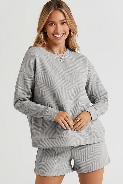 Texture Long Sleeve Top and Shorts Set - Short & Top