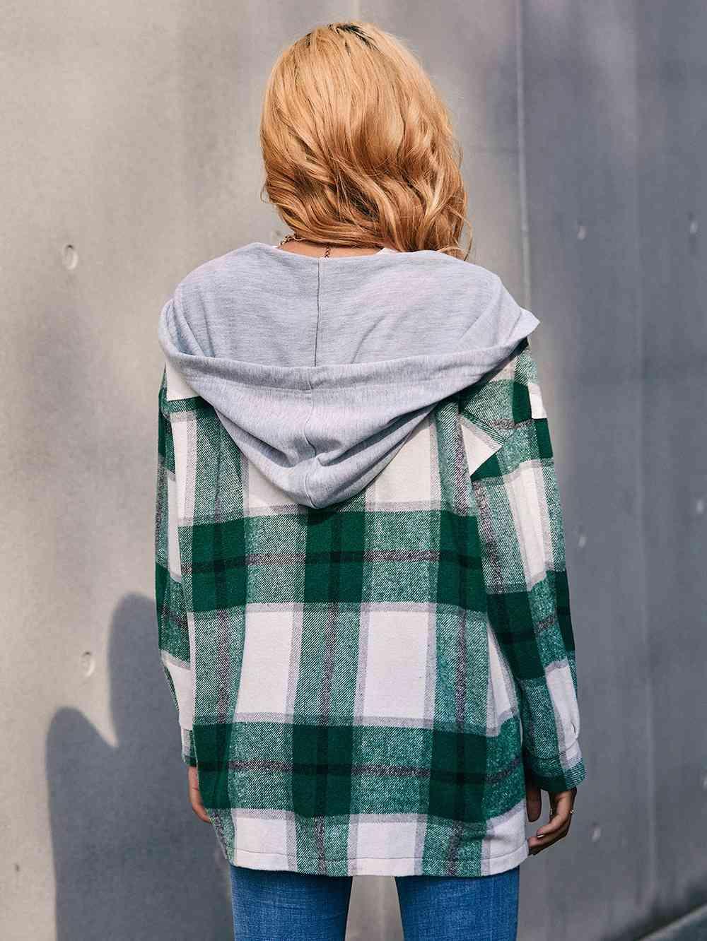 Plaid Dropped Shoulder Hooded Shacket - Jacket