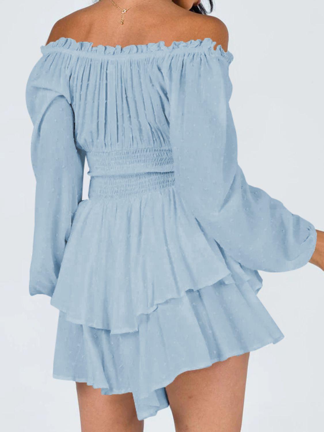 Off Shoulder Smocked Waist Long Sleeve Mini Dress - Dresses