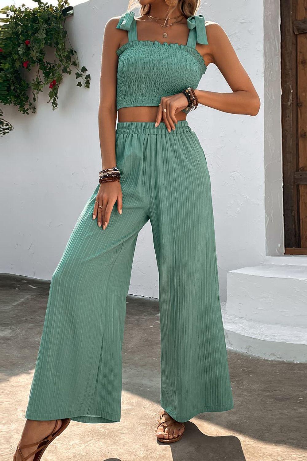 Tie Shoulder Smocked Crop Top and Wide Leg Pants Set - Pant & Top