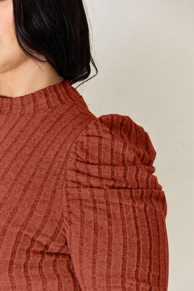 Basic Bae Full Size Ribbed Mock Neck Puff Sleeve Top - Top