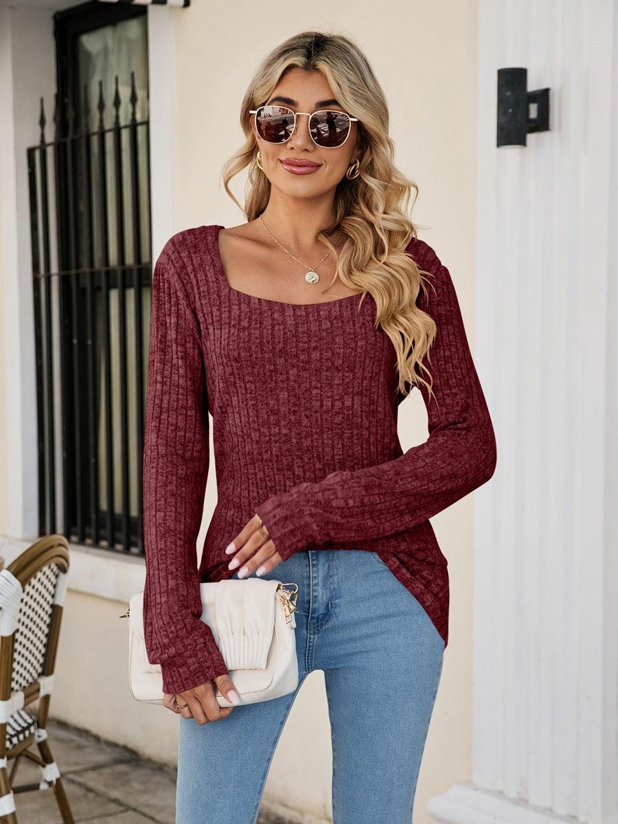 Square Neck Ribbed Long Sleeve Top - Top