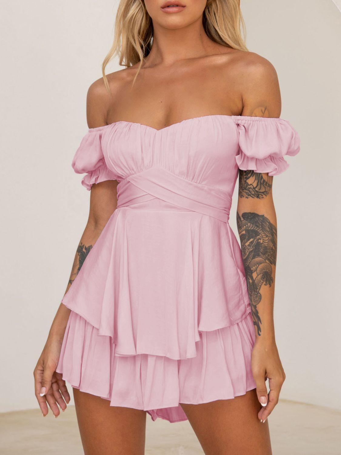 Off Shoulder Flounce Sleeve Layered Mini Dress - Dresses