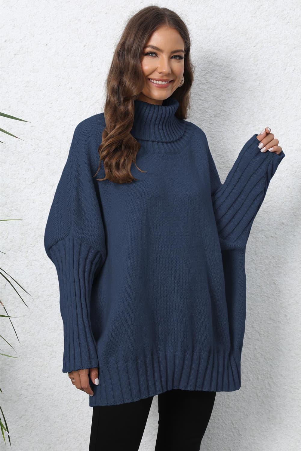 Turtle Neck Long Sleeve Ribbed Sweater - Sweater