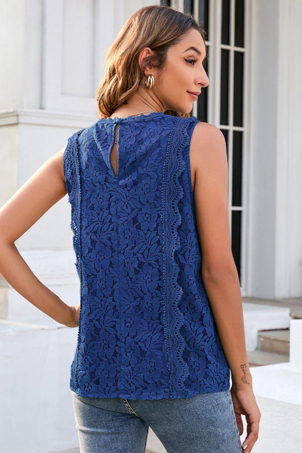 Lace V-Neck Lined Sleeveless Tank Top - Tank