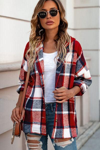 Button Up Plaid Hooded Shacket - Jacket