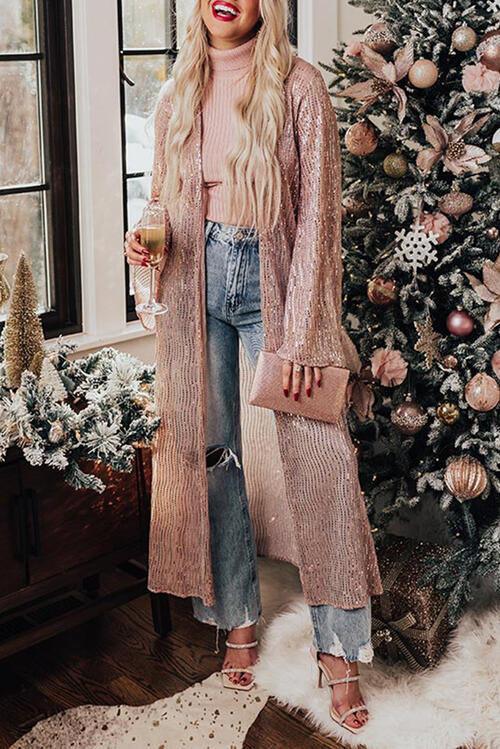 Sequin Open Front Long Sleeve kimono - Kimono