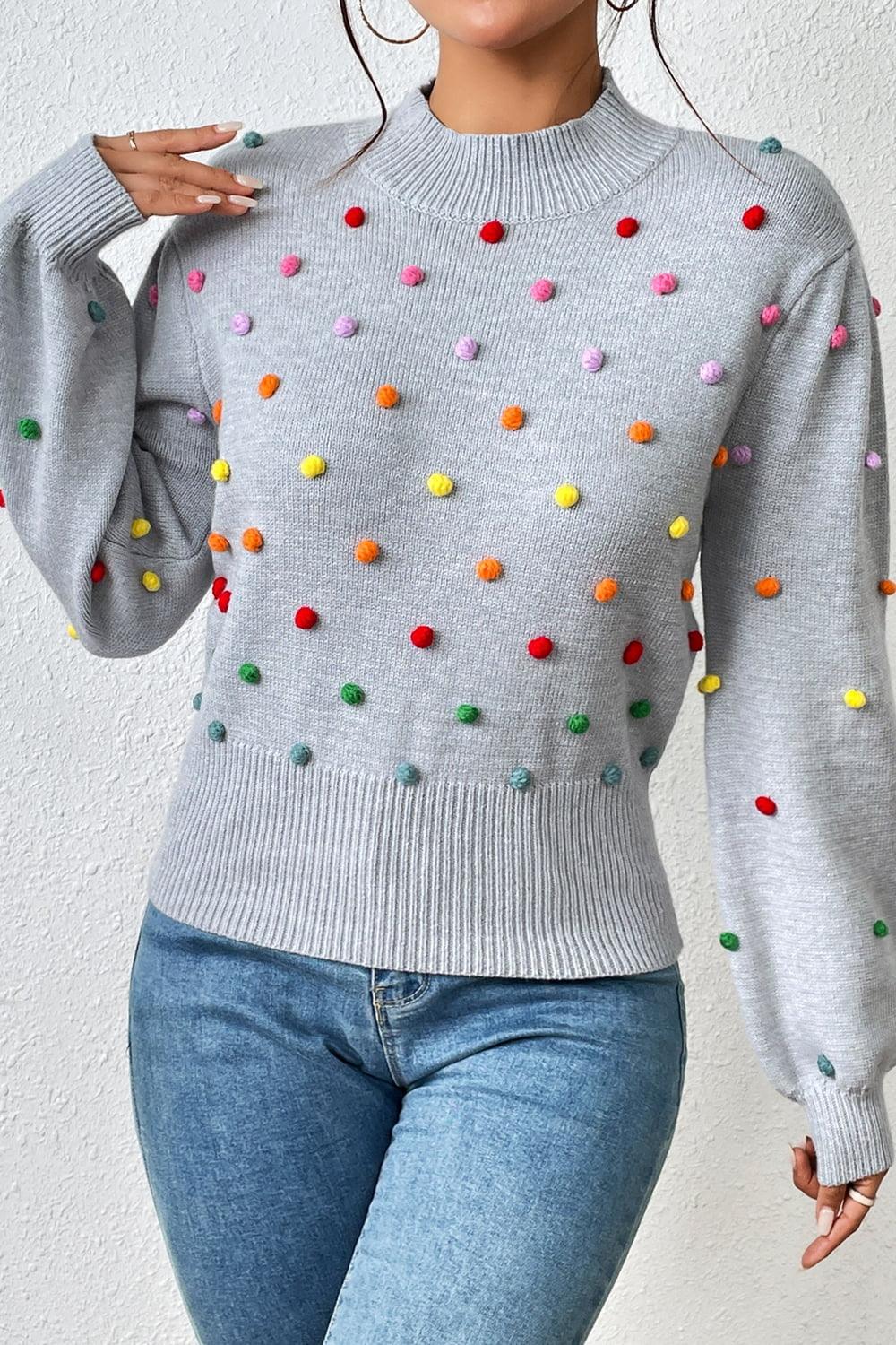 Pom-Pom Trim Mock Neck Long Sleeve Pullover Sweater - Sweater