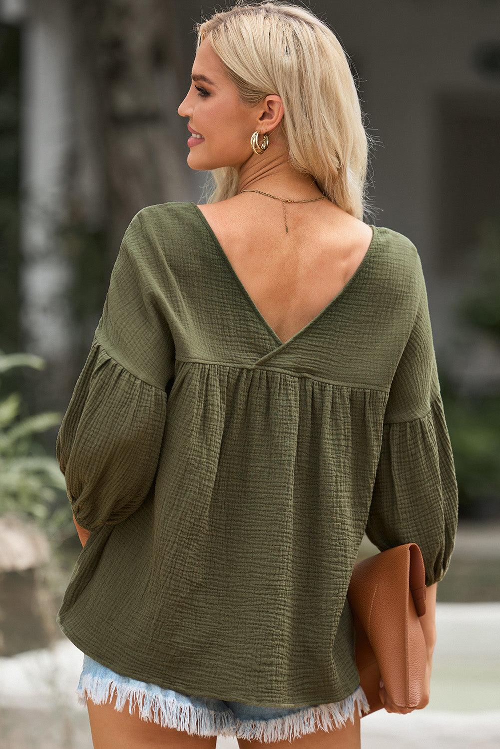 Dropped Shoulder V-Neck Long Peasant Sleeves Blouse - Blouse