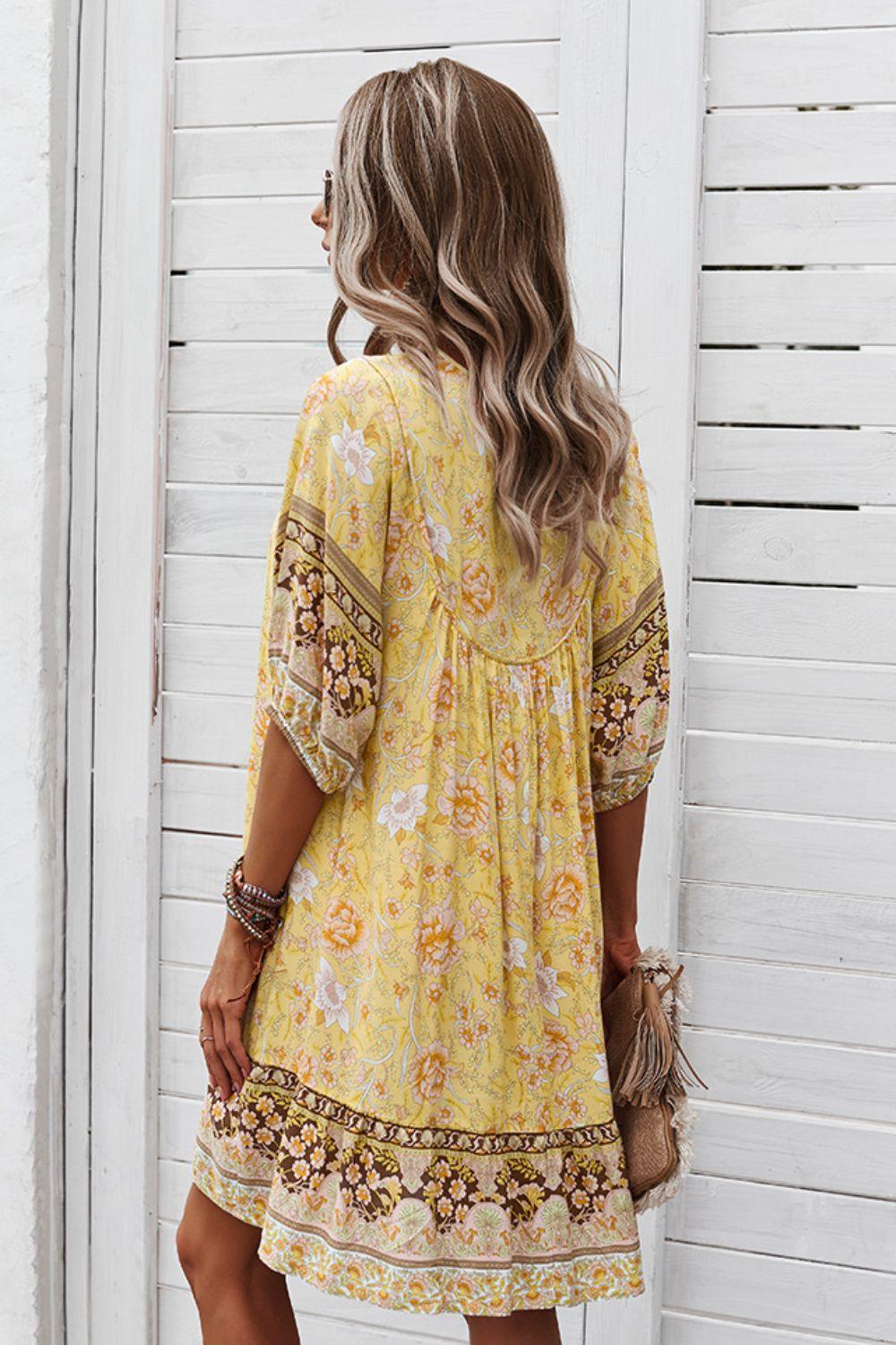 Bohemian Floral Tie Neck 3/4 Sleeve Short Tiered Dress - Dresses