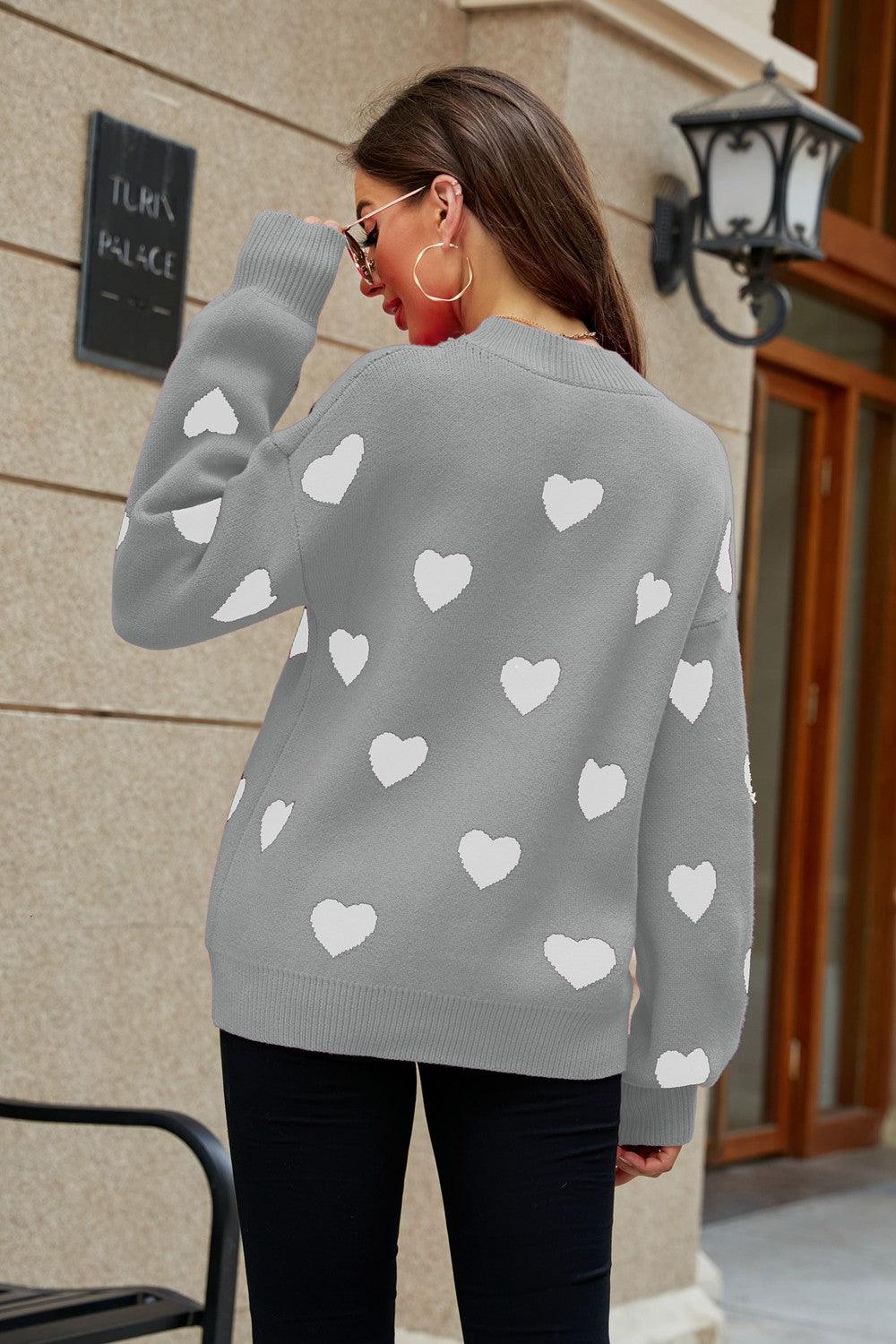 Woven Right Heart Pattern Lantern Sleeve Tunic Sweater - Sweater