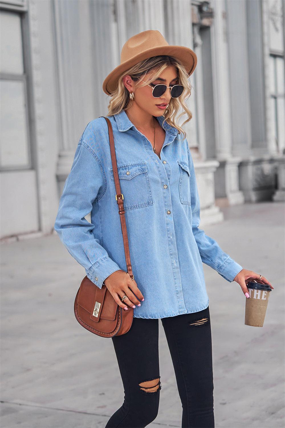 Collared Neck Button Down Collar Long Sleeve Denim Shirt - Shirt