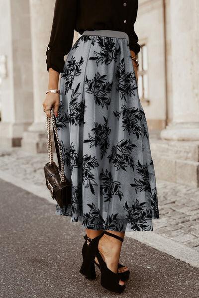 Floral Embroidered High Waist Chiffon Midi Skirt - Skirt