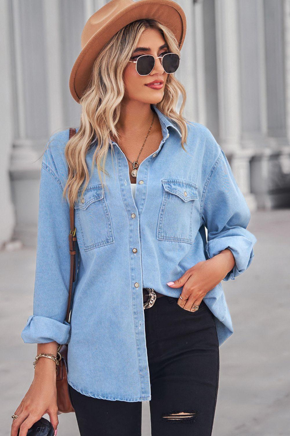 Collared Neck Button Down Collar Long Sleeve Denim Shirt - Shirt