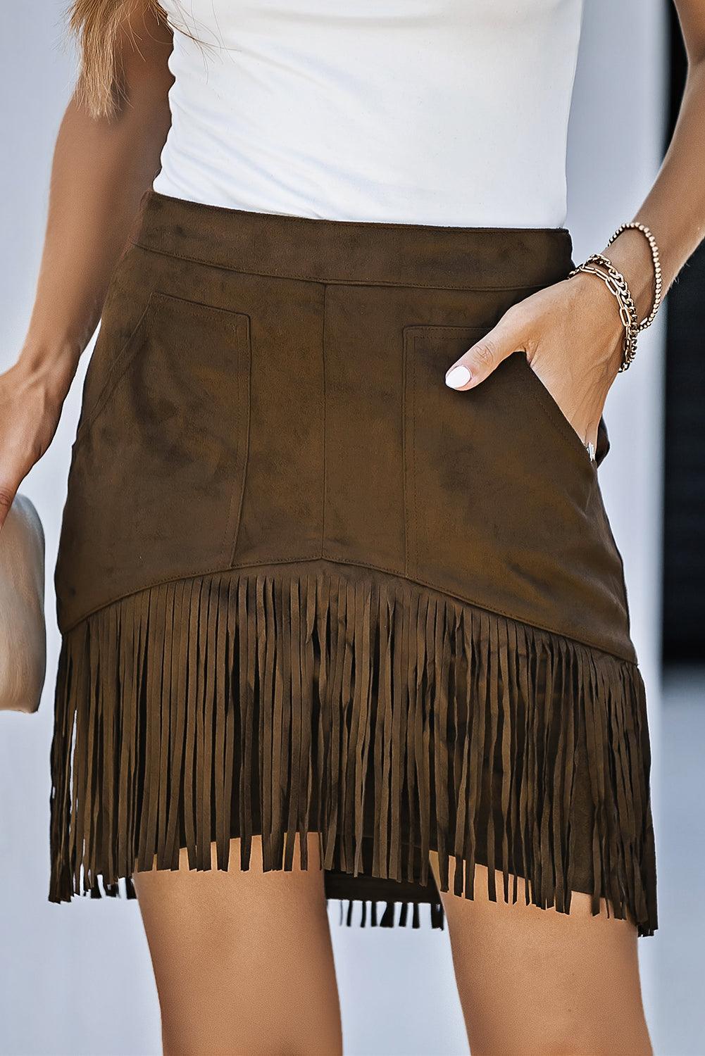 Fringe Detail Zip-Back Mini Skirt with Pockets - Skirt