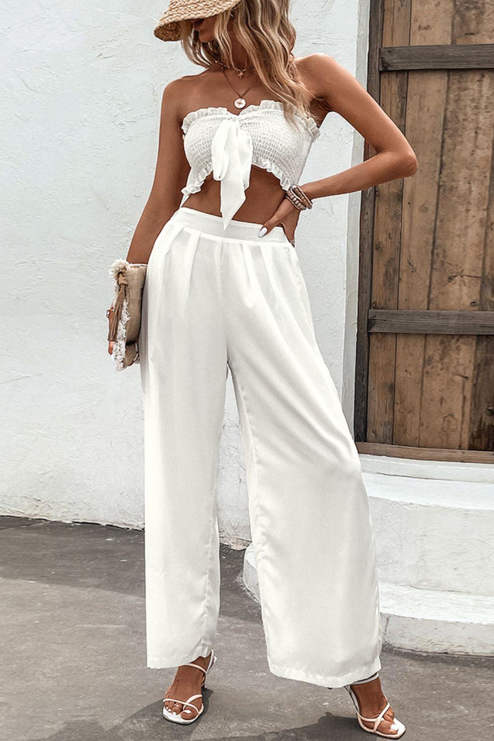 Smocked Tube Strapless Top and Wide Leg Pants Set - Pant & Top