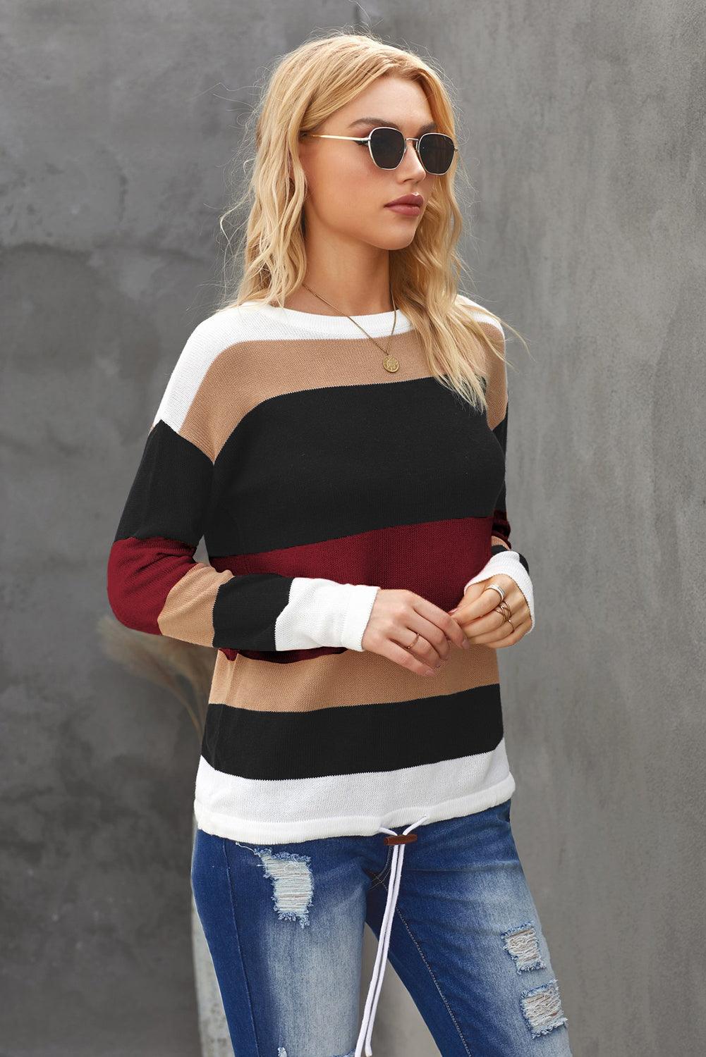 Boat Neck Color Block Dropped Shoulder Knit Top - Top