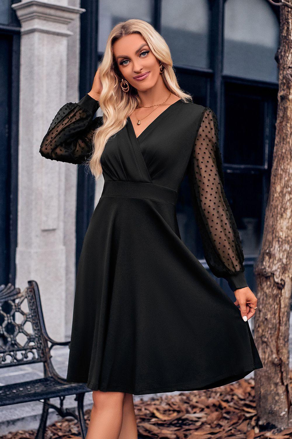 Surplice Neck Swiss Dot Long Sleeve Dress - Dresses