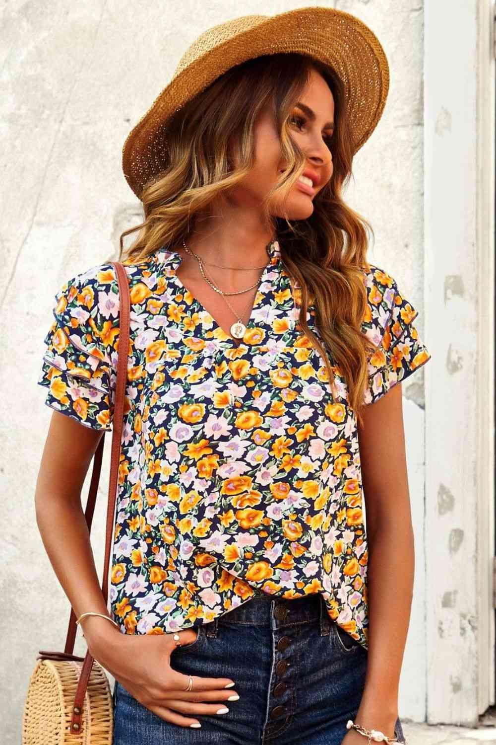 Floral Notched Neck Flutter Sleeve Top - Top