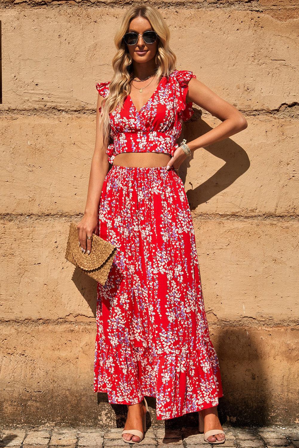 Printed Tie Back Cropped Top and Maxi Skirt Set - Skirt & Top