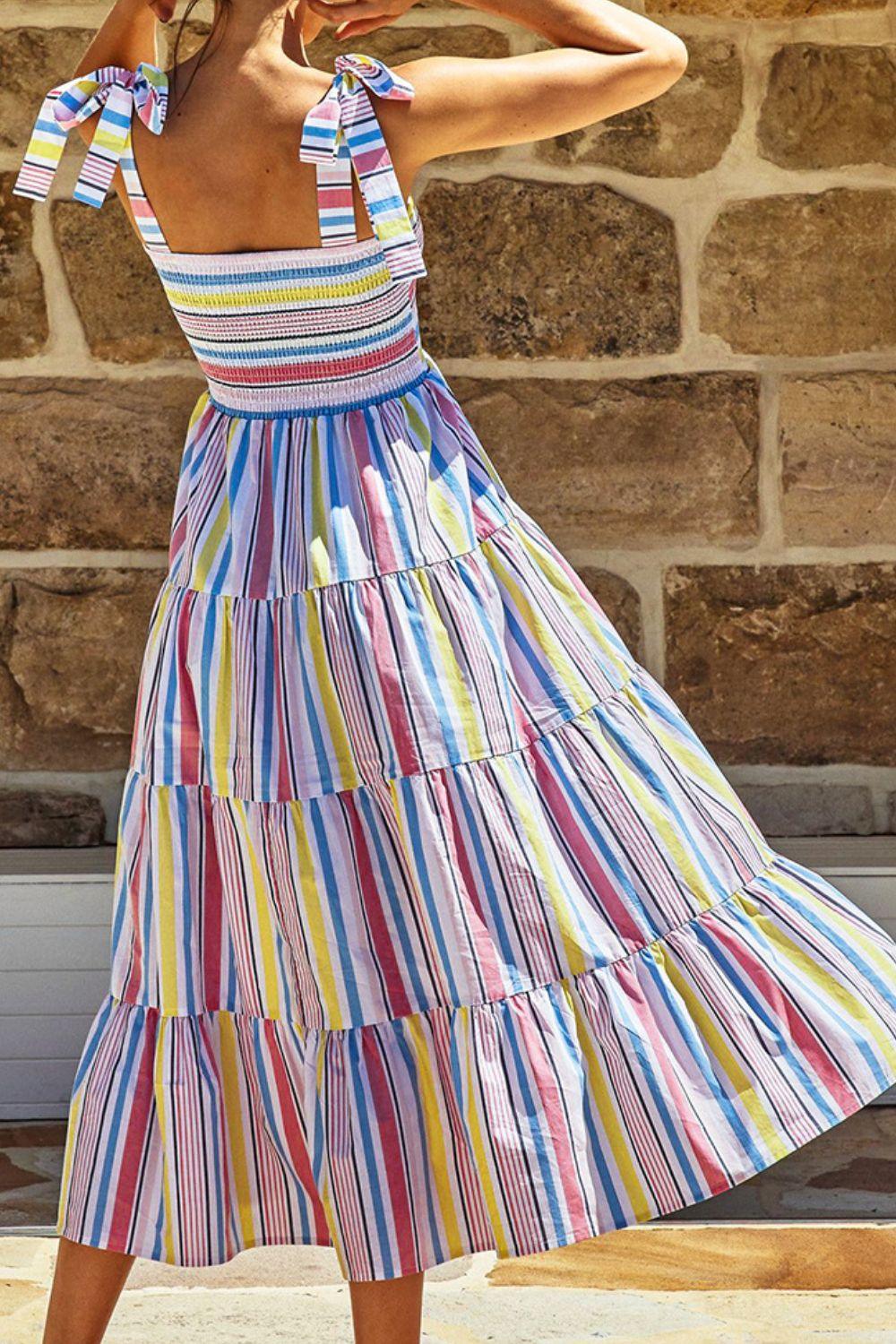 Striped Tie-Shoulder Smocked Tiered Dress - Dresses