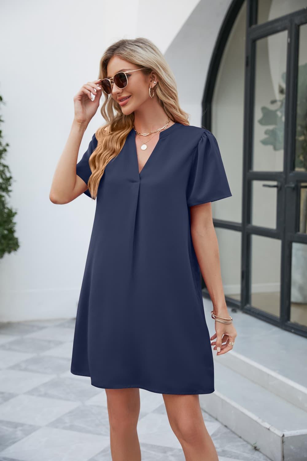 Notched Puff Sleeve Mini Shift Dress - Dresses