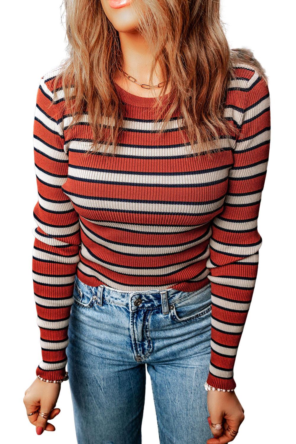 Double Take Striped Round Neck Long Sleeve Top - Top