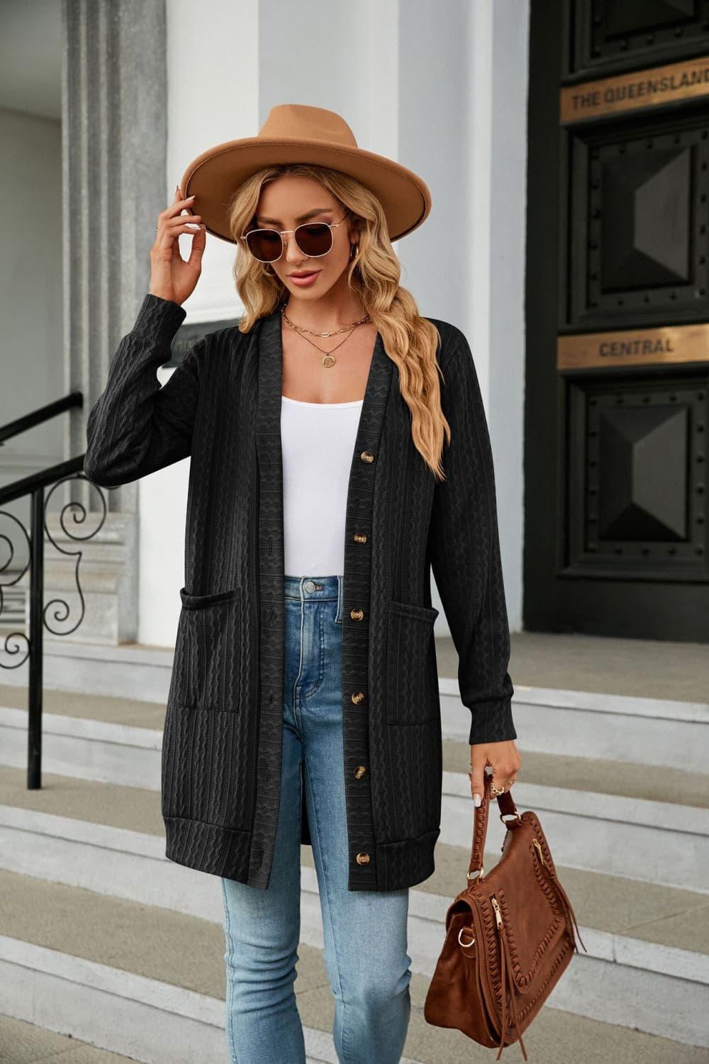 Button Down Longline Cardigan with Pockets - Cardigan