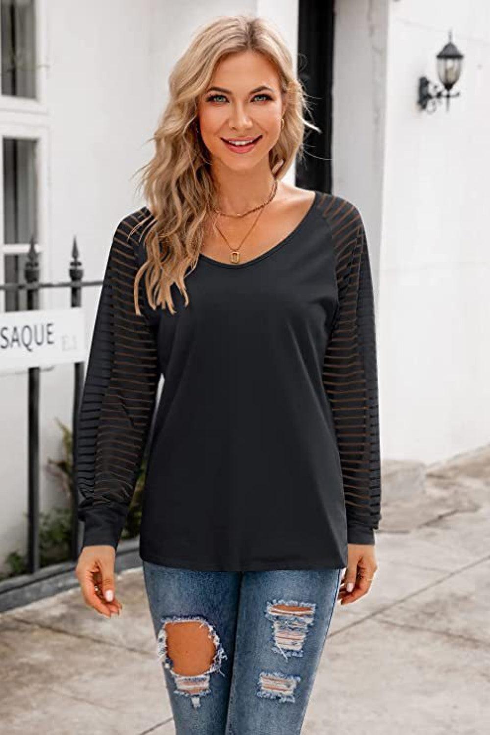 V-Neck Long Raglan Sleeve Top - Top