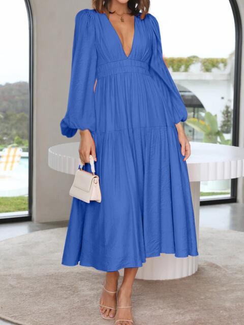 Deep V-Neck Balloon Sleeve Maxi Dress - Dresses