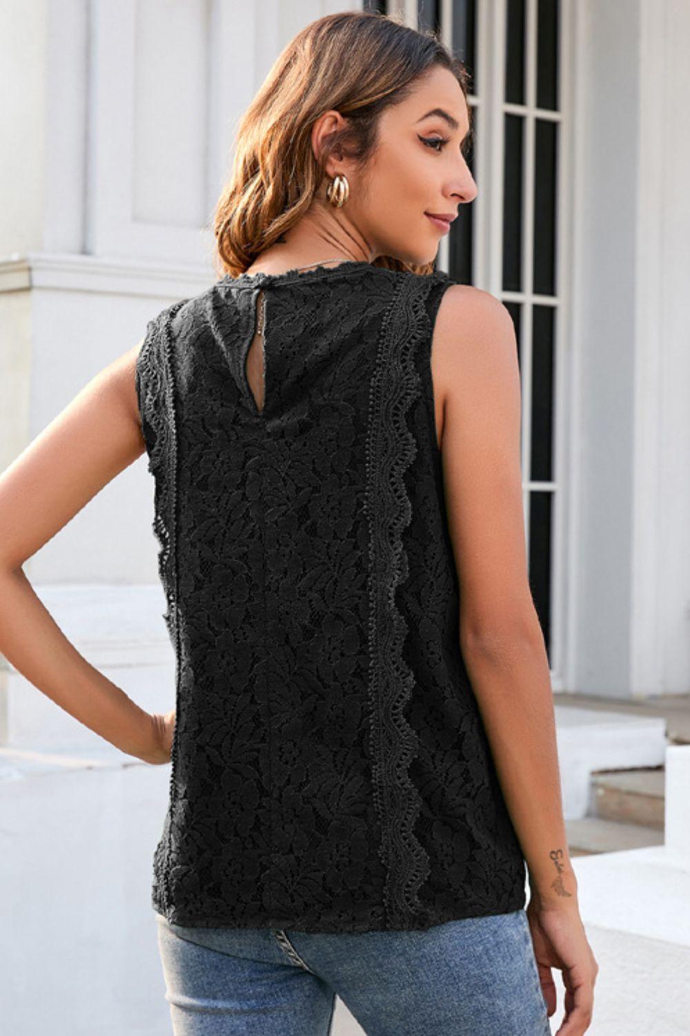 Lace V-Neck Lined Sleeveless Tank Top - Tank