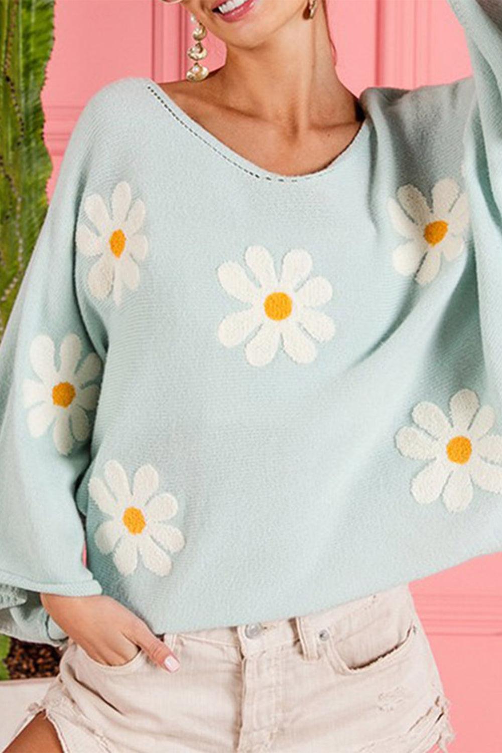 Flower Pattern Long Sleeve Wide Sleeve Sweater - Sweater