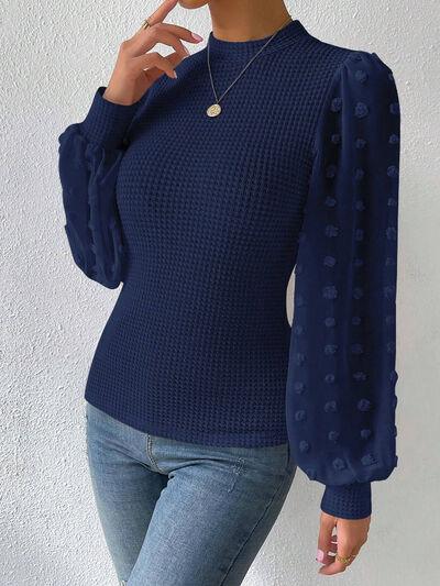 Swiss Dot Waffle-Knit Lantern Sleeve Top - Top