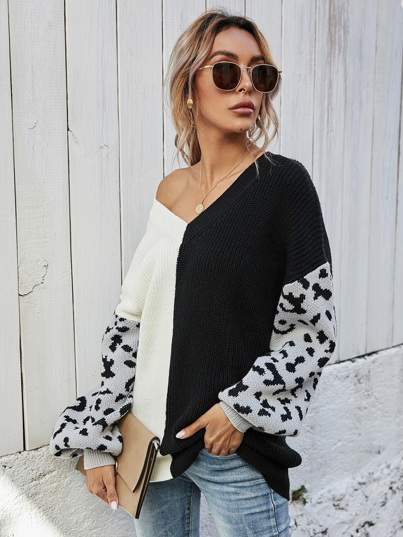 Woven Right Leopard Color Block V-Neck Tunic Sweater - Sweater