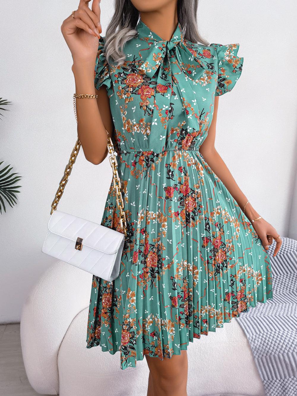 Pleated Floral Printed Tie Neck Knee Length Dress - Dresses