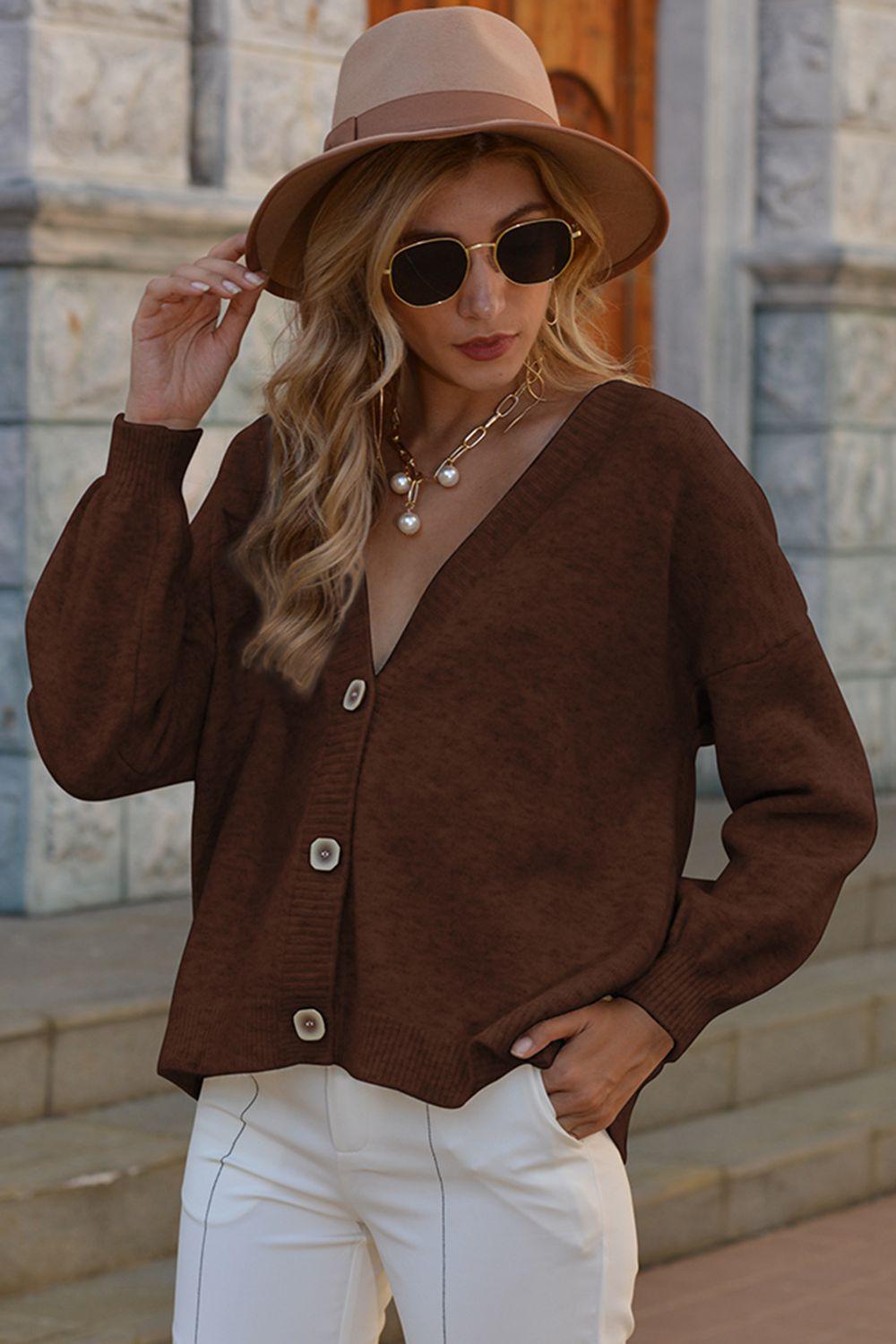 V-Neck Button-Down Dropped Shoulder Cardigan - Cardigan