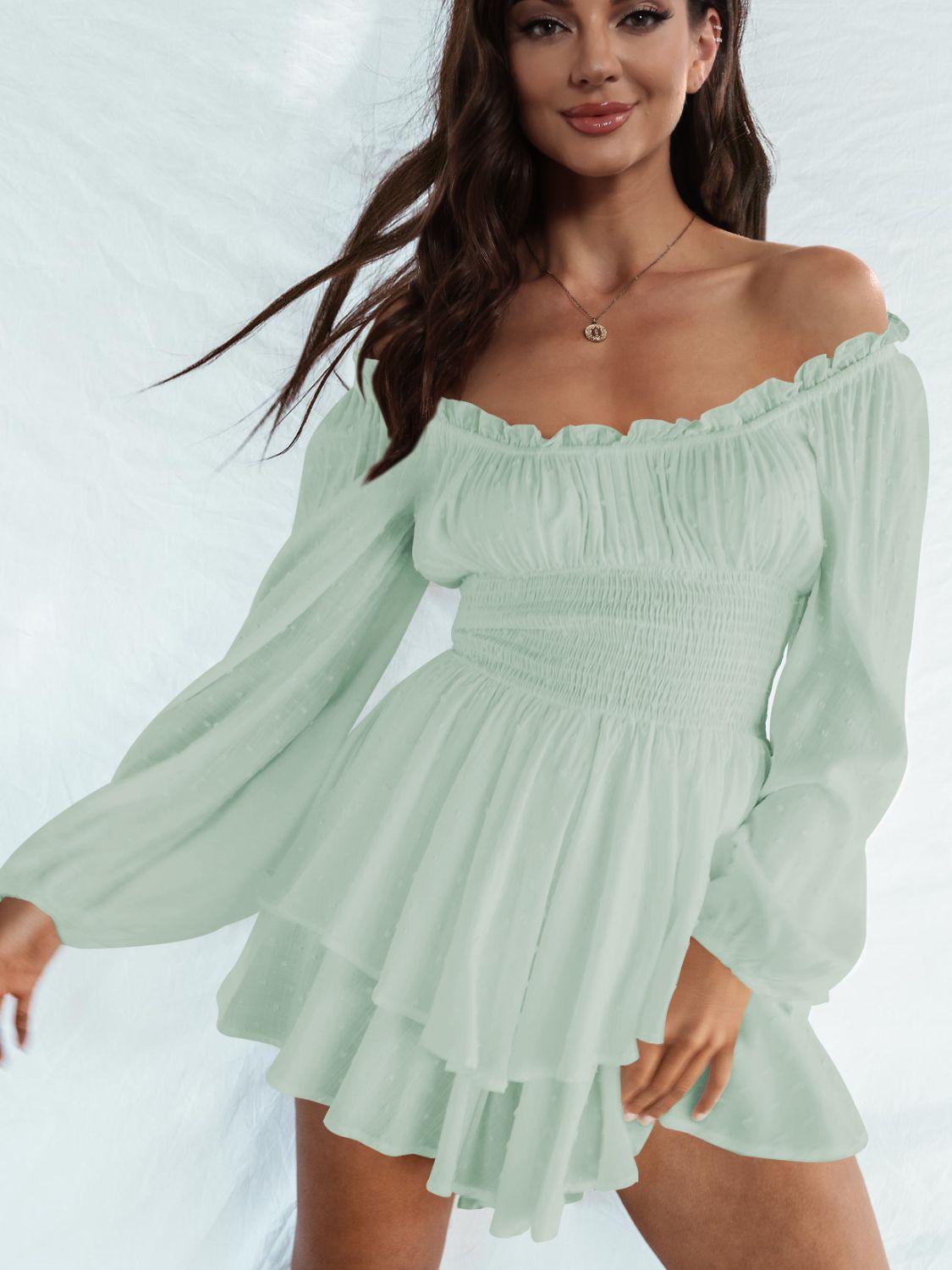 Off Shoulder Smocked Waist Long Sleeve Mini Dress - Dresses