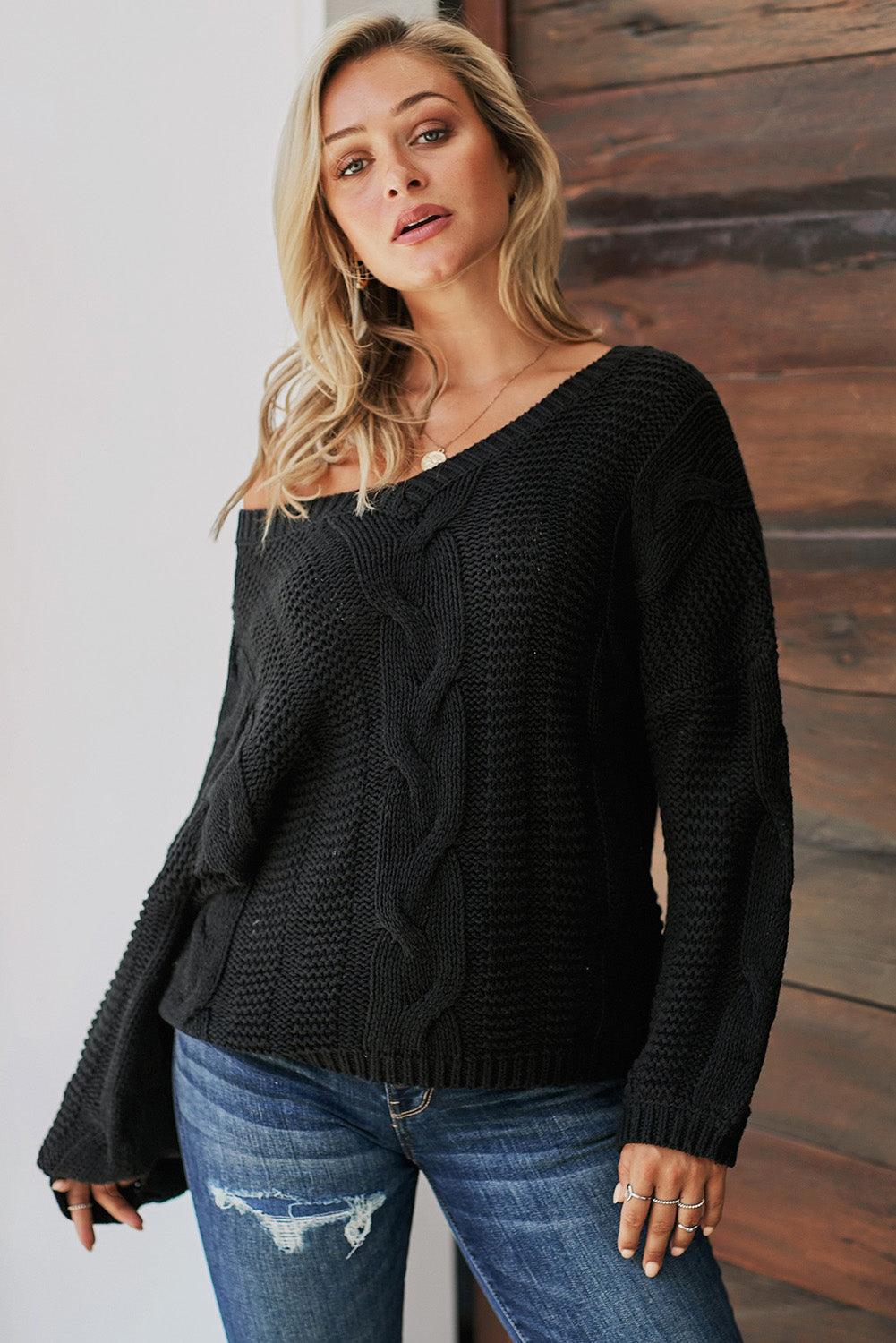 Cable Knit V-Neck Wide Sleeves Ribbed Sweater - Sweater