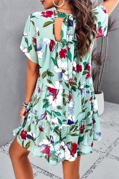 Floral Tiered Round Neck Mini Dress - Dresses