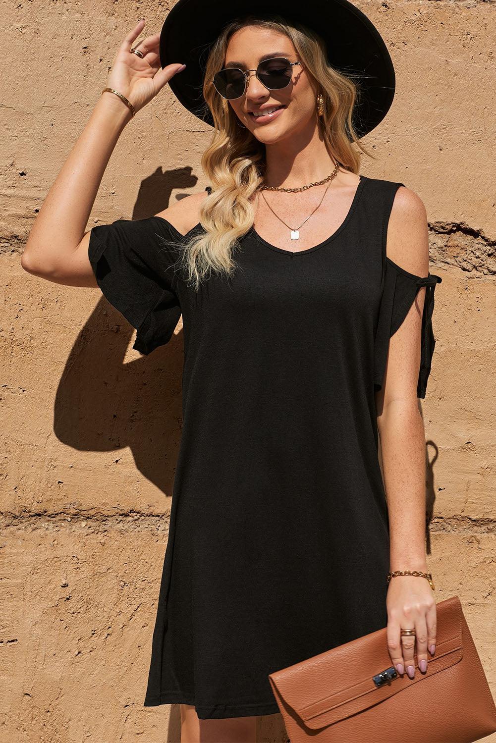 Tied Cold-Shoulder V-Neck Mini Dress - Dresses