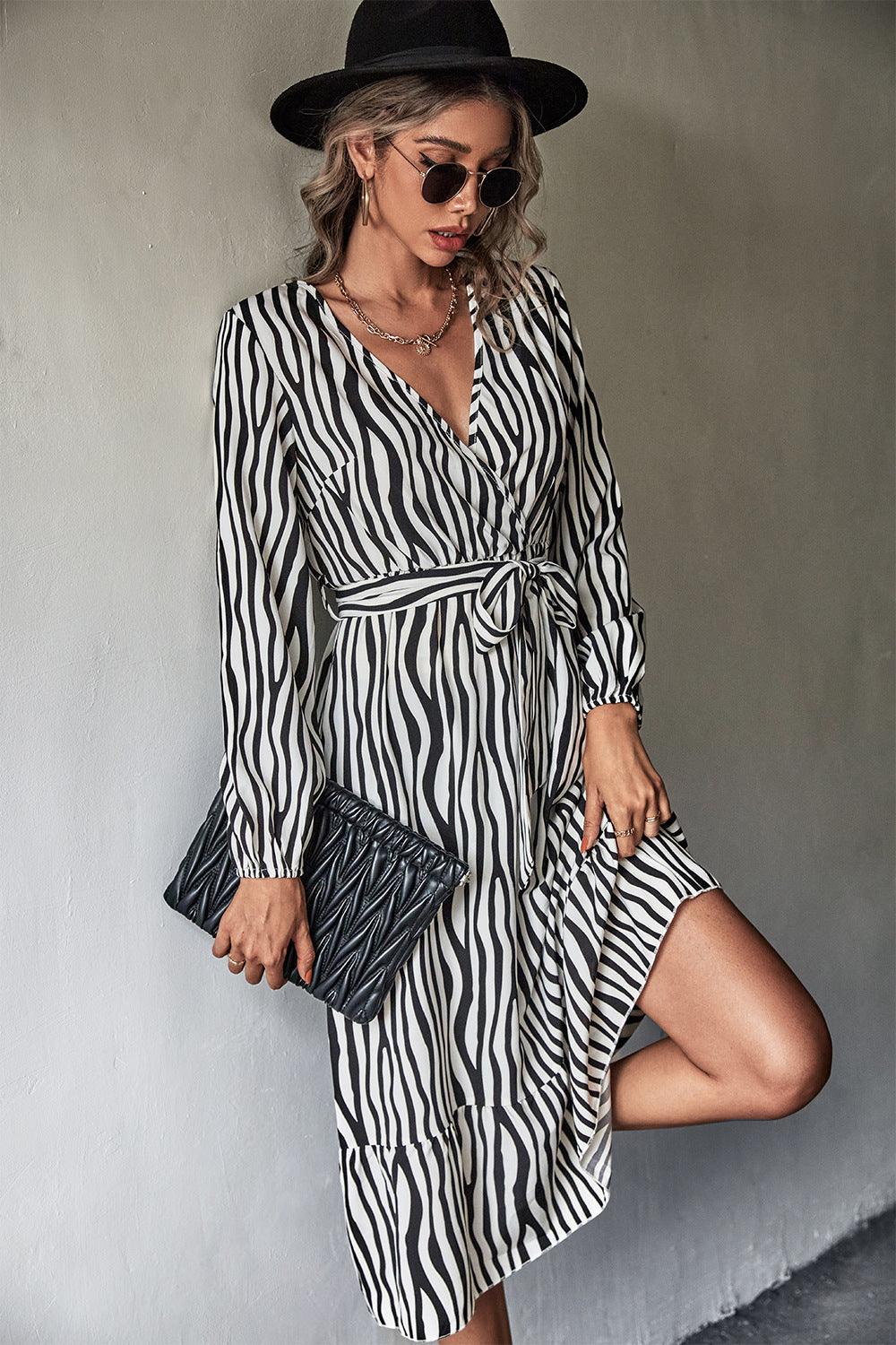 Animal Print Belted Midi Dress - Dresses