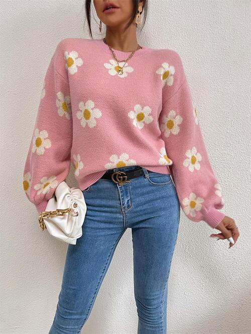 Flower Round Neck Latern Sleeve Sweater - Sweater